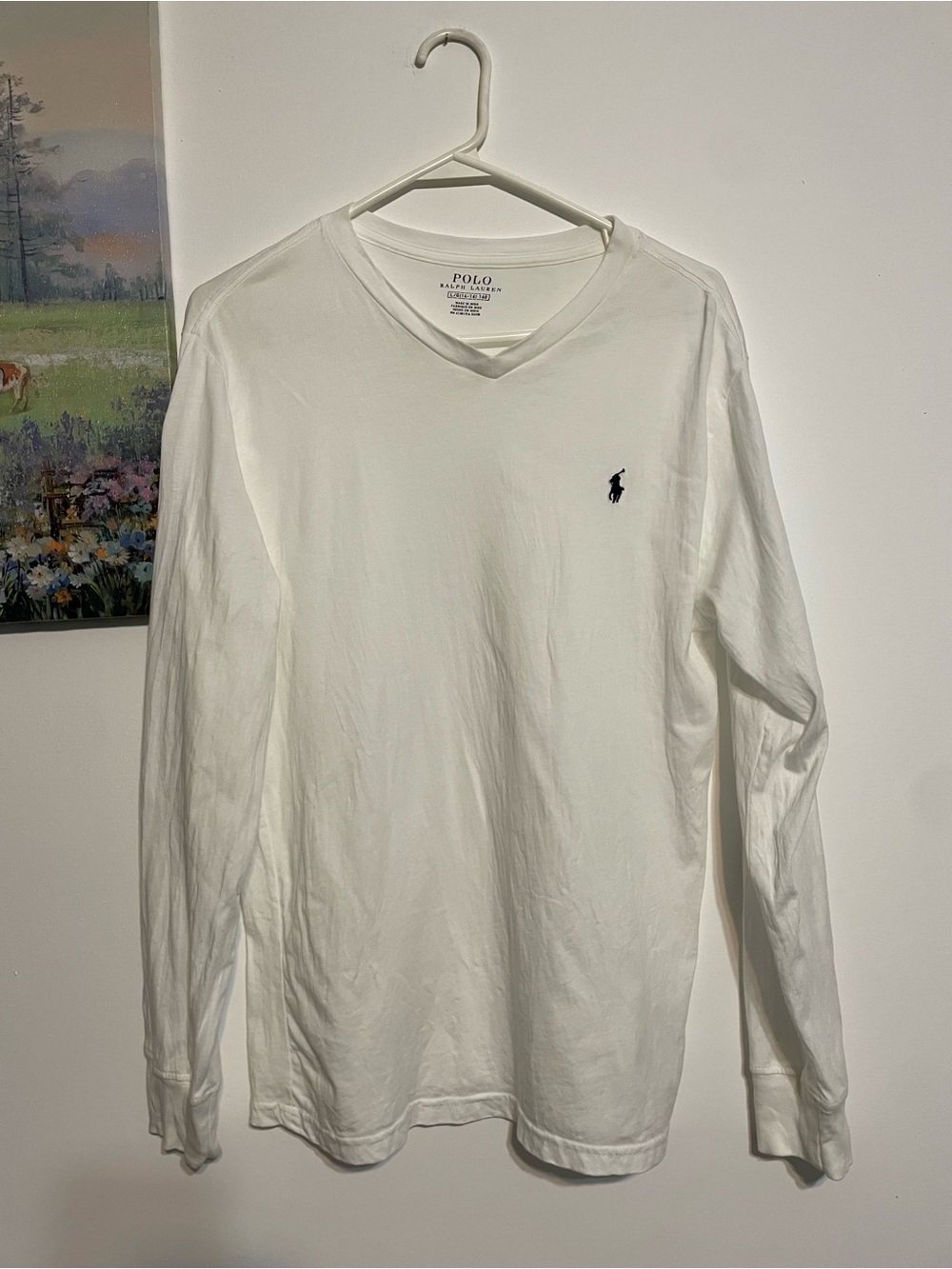 Polo by Ralph Lauren White Long Sleeve V-Neck with Navy Pony boys Large 14/16